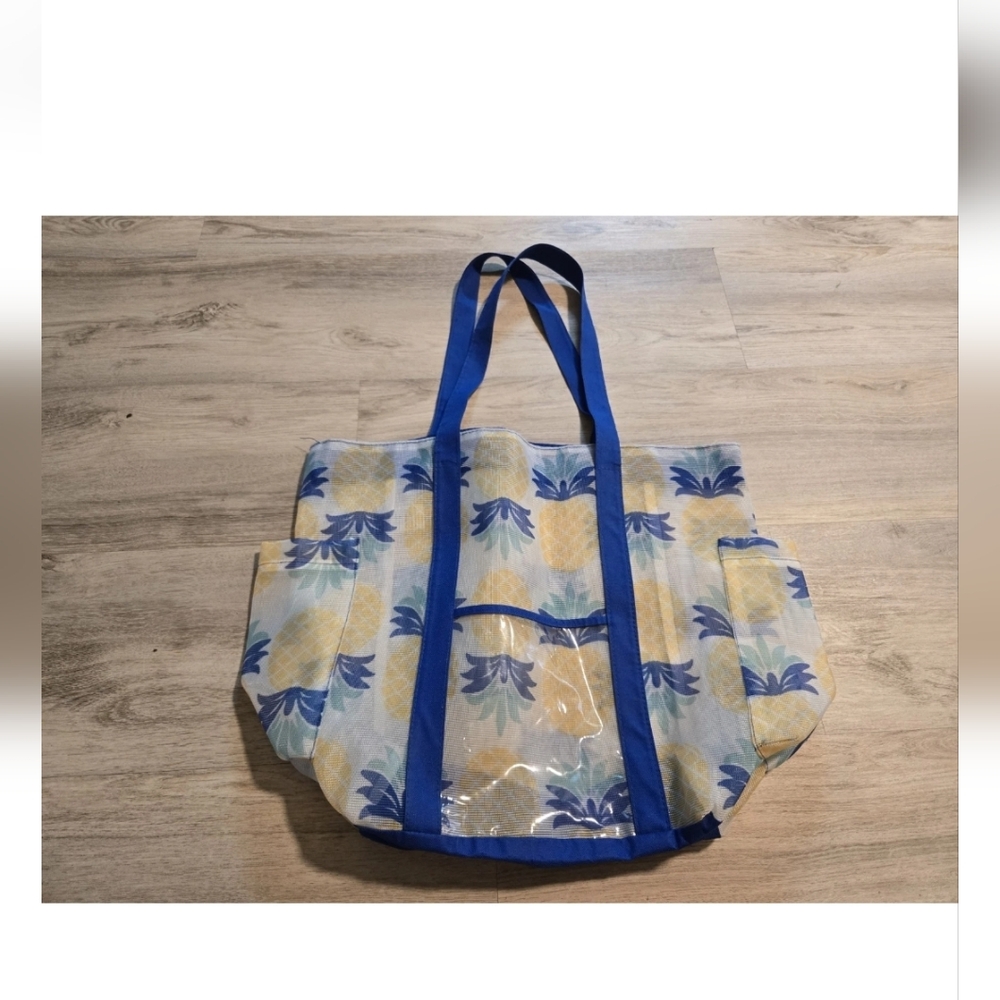 Time And Tru Mesh Beach Tote Tropical Large Bag Pineapple Blue Yellow